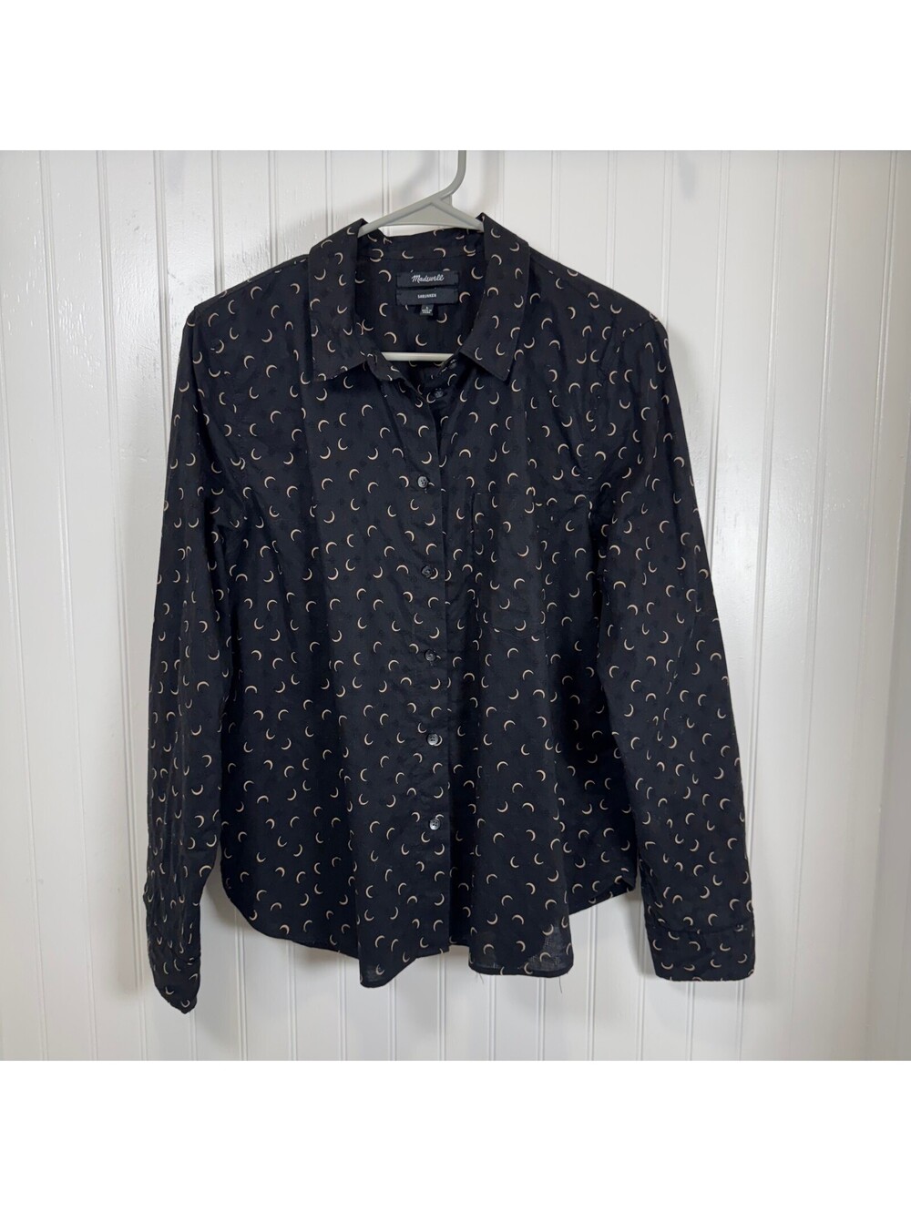 Madewell Shrunken Women's Black Button-Up Shirt Crescent Moon 100% Cotton Large